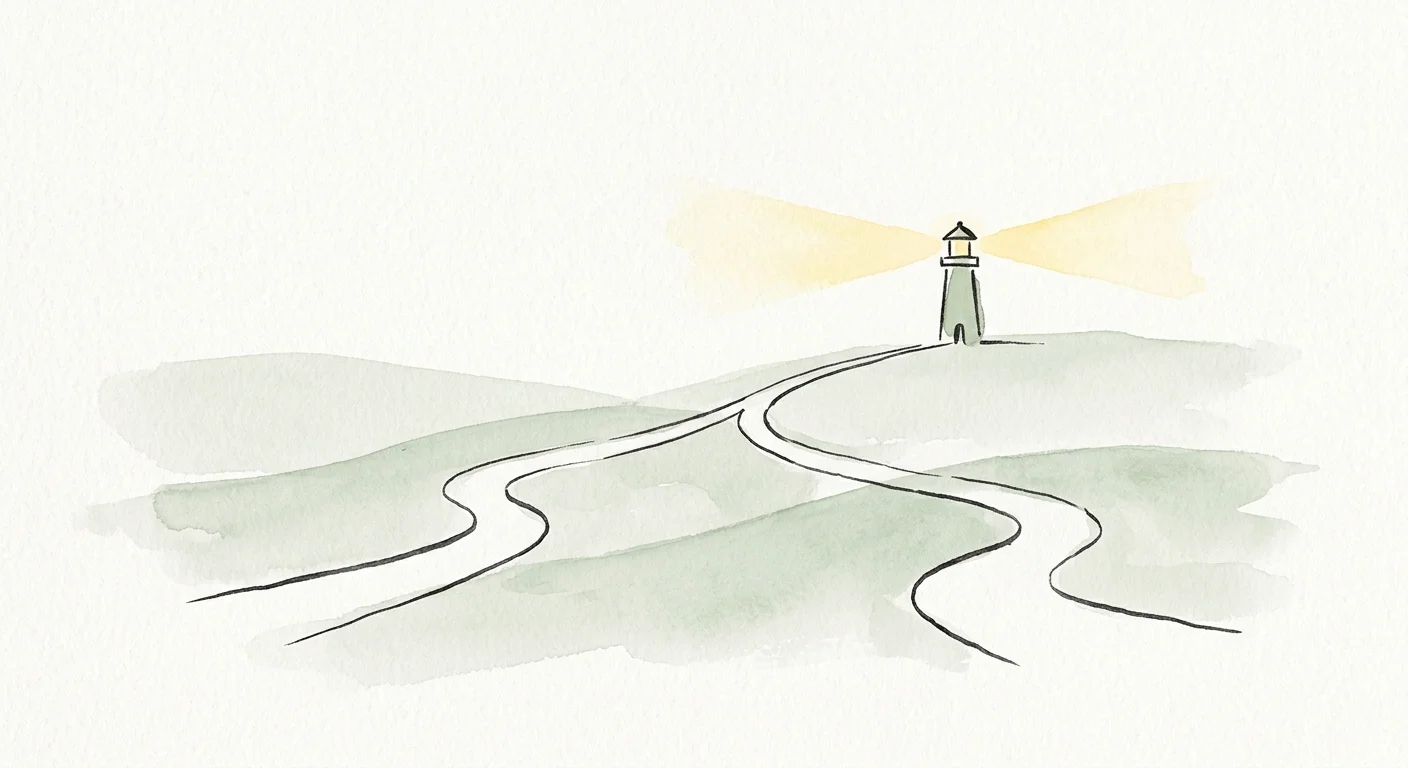 A minimalist watercolor illustration of two paths converging toward a glowing lighthouse, symbolizing guidance.