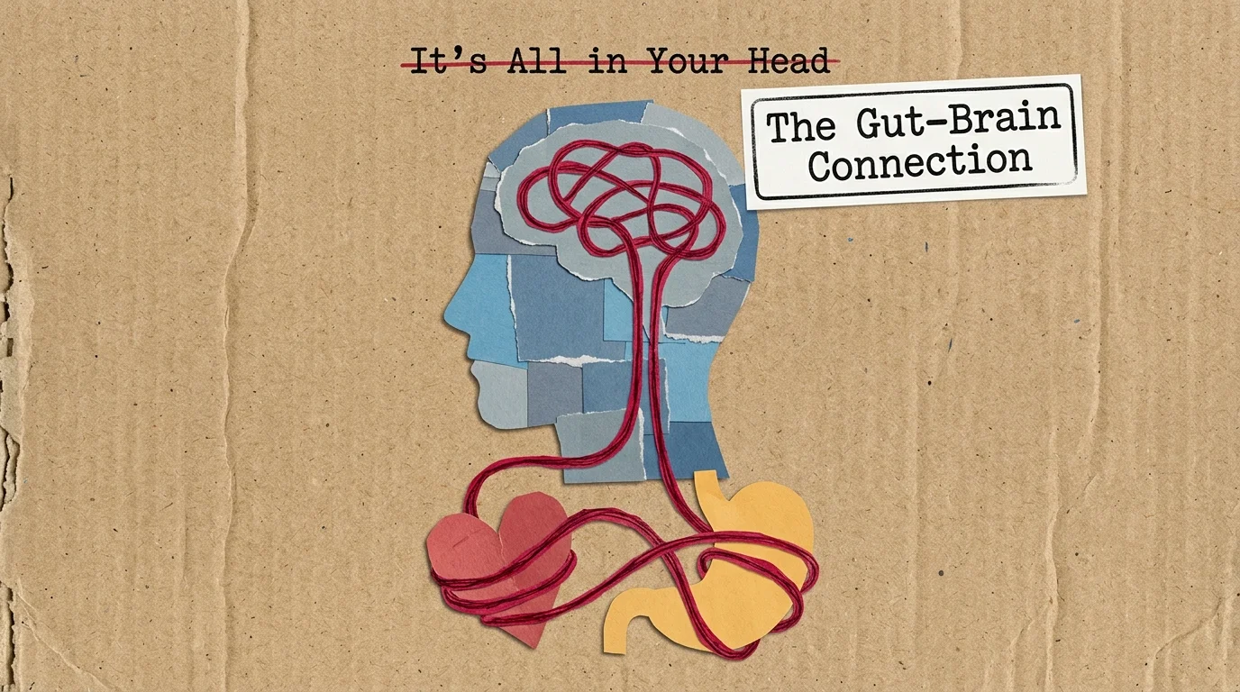 A mixed-media collage of a paper head silhouette with red threads connecting the brain directly to a paper heart and stomach.