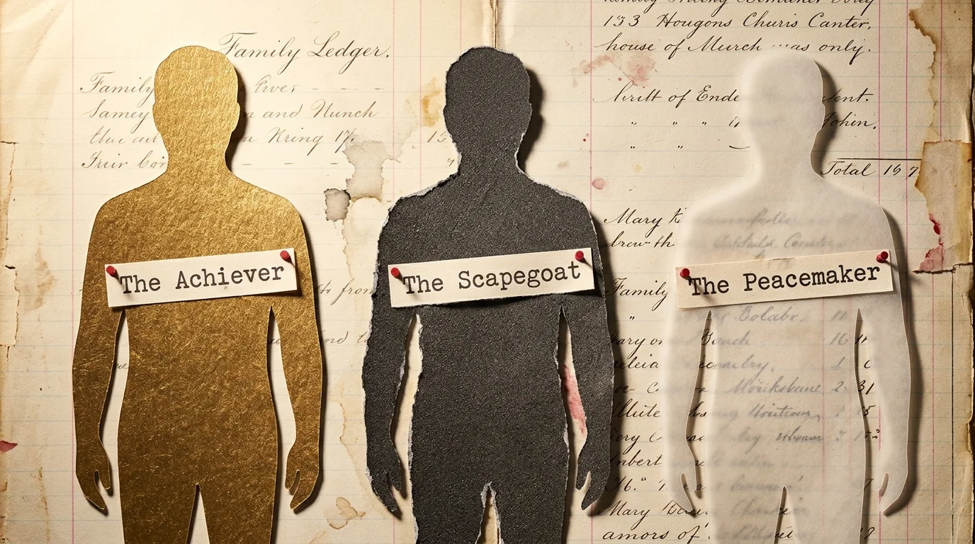 A mixed-media collage of three human paper silhouettes labeled 'The Achiever', 'The Scapegoat', and 'The Peacemaker' on old ledger paper.