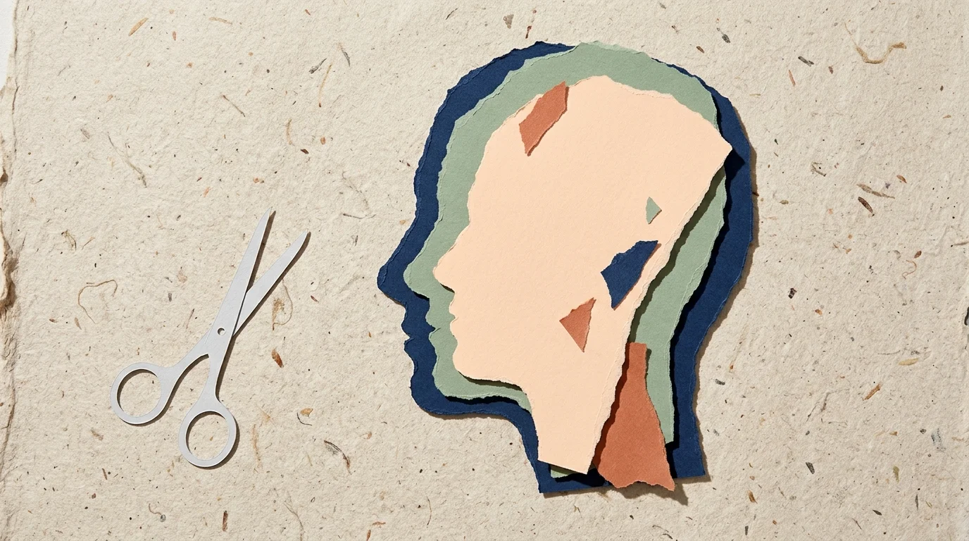 A mixed-media paper collage showing a silhouette profile made of layered, misaligned colored papers, representing identity shape-shifting.