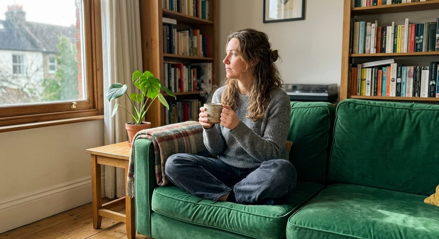 A natural snapshot of a woman in a cozy, sunlit living room, sitting on a sofa and holding a warm mug while looking out the window.