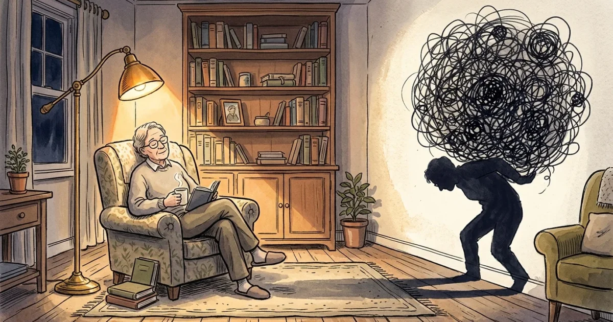 A New Yorker style illustration of a resting person whose shadow carries a heavy, tangled ball of dark thread.