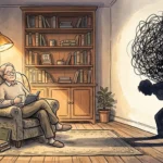 A New Yorker style illustration of a resting person whose shadow carries a heavy, tangled ball of dark thread.