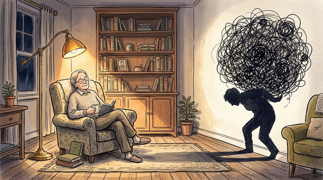 A New Yorker style illustration of a resting person whose shadow carries a heavy, tangled ball of dark thread.