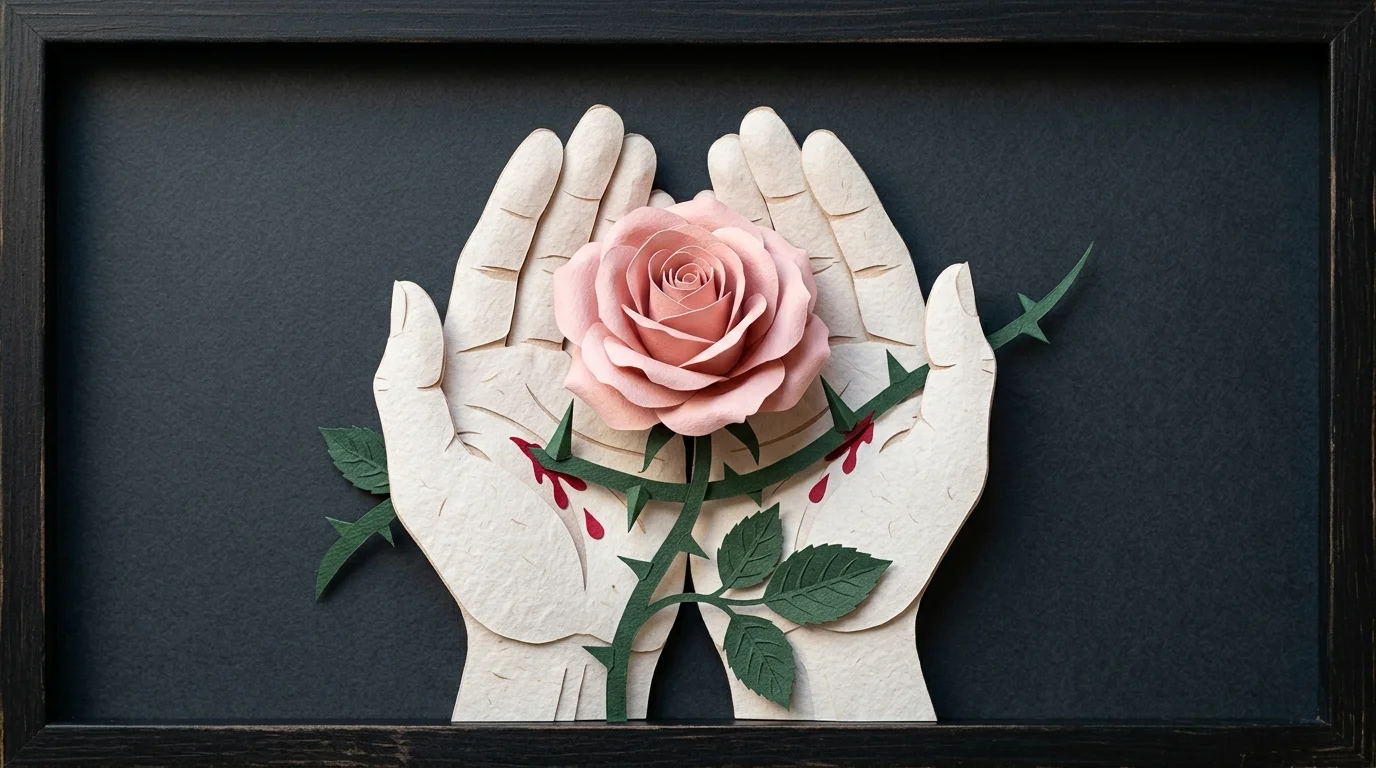 A paper-cut collage of hands holding a pink paper rose with sharp green thorns that cause tiny red paper tears on the palms.