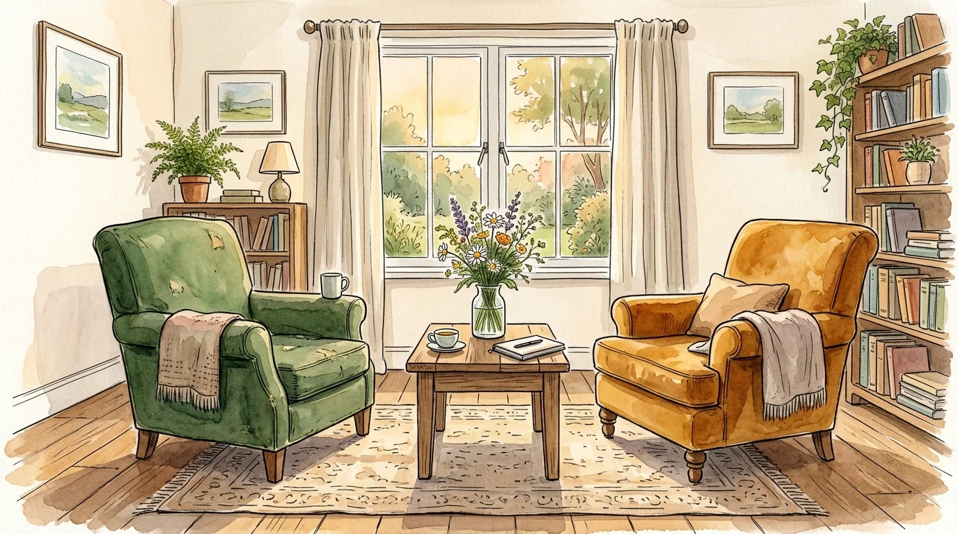 A peaceful watercolor illustration of two empty, comfortable armchairs facing each other in a room filled with warm, golden light.