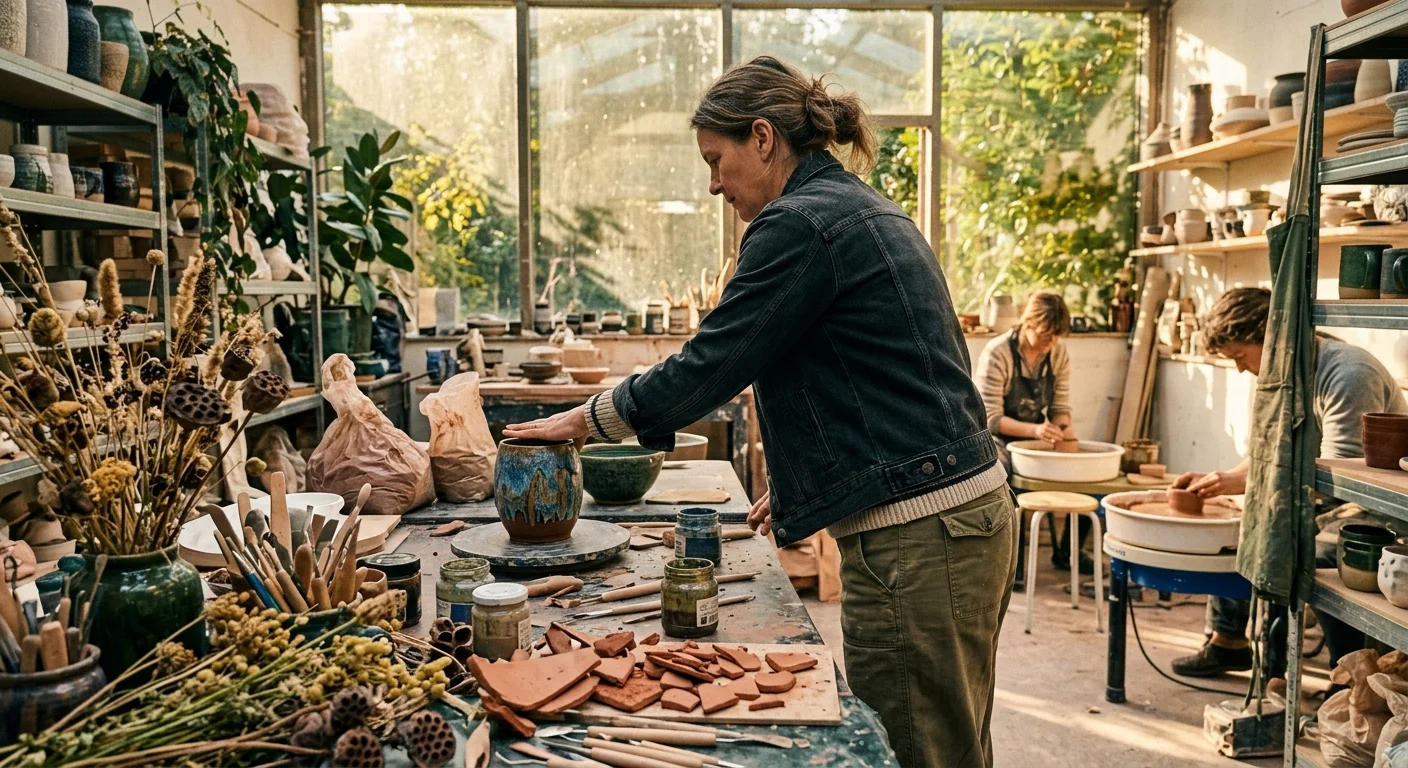 Woman examining a ceramic vase on a workbench inside a sunlit pottery studio with other potters working.