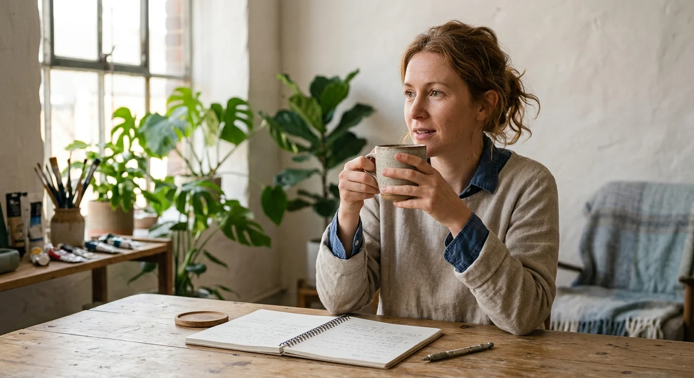 A woman sits at a wooden table holding a ceramic mug, with an open notebook and houseplants nearby.