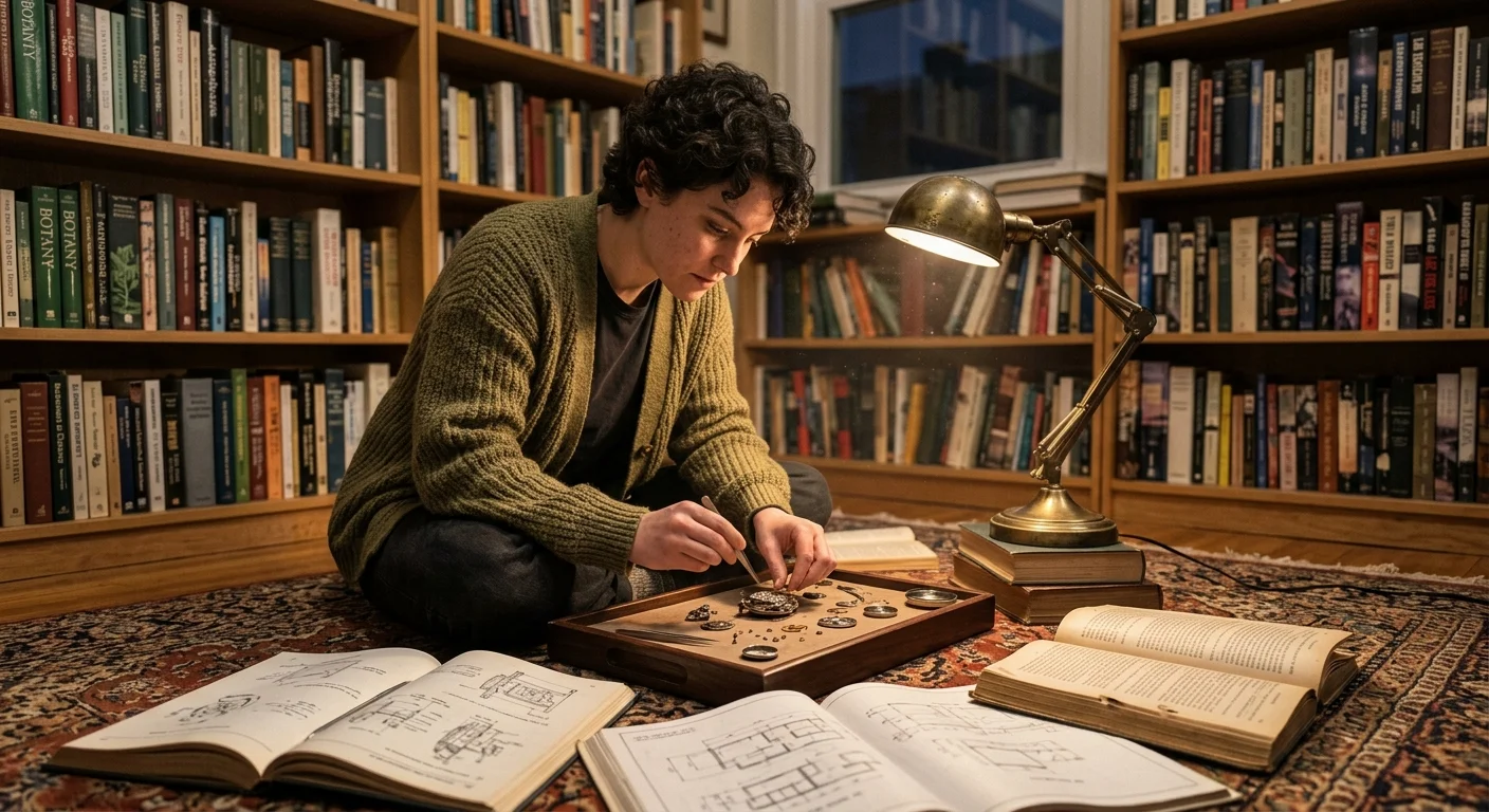 Person sitting on a rug in a library, carefully examining watch parts beside open books and a desk lamp.