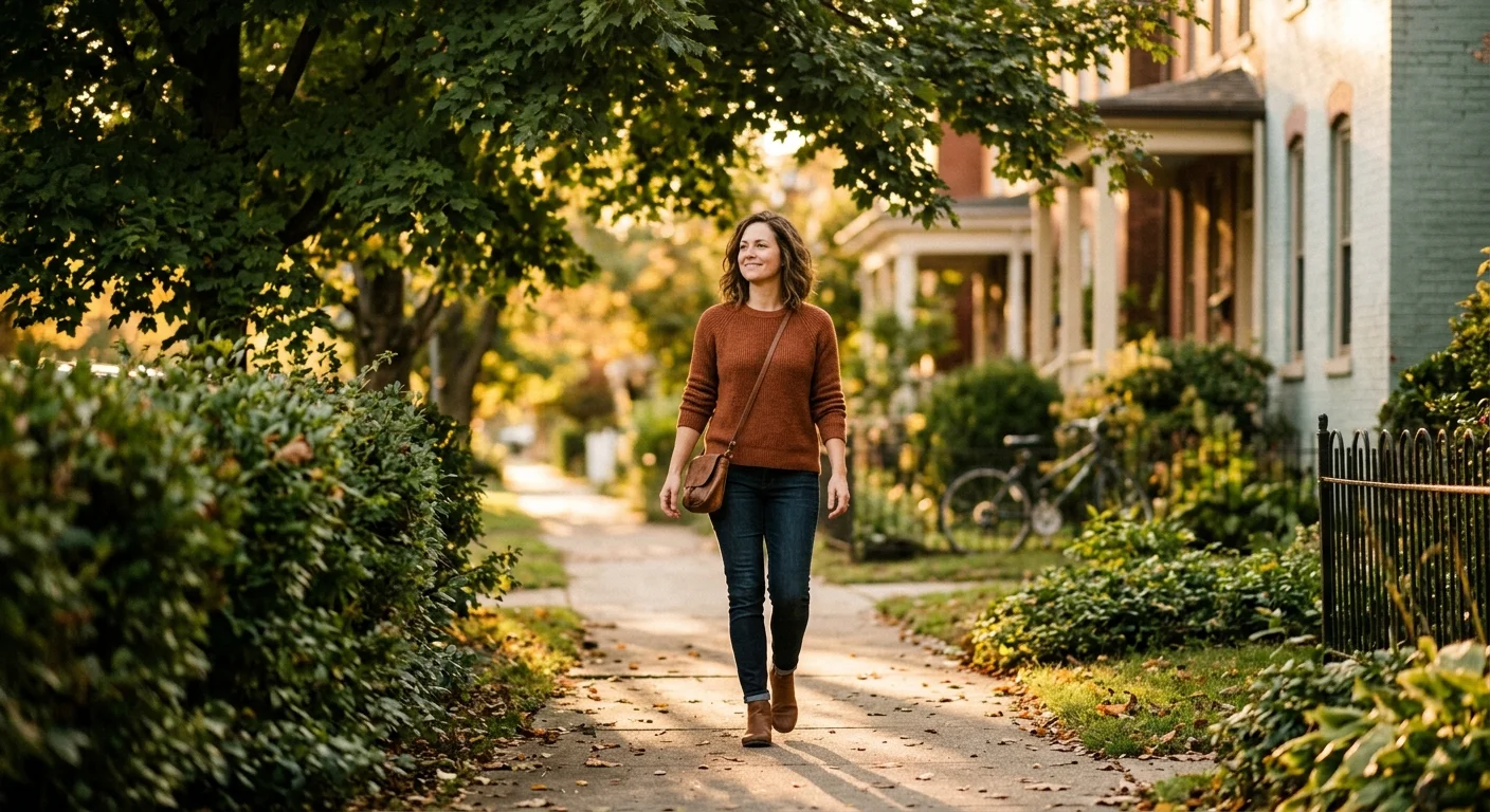 A person walking down a sun-dappled residential sidewalk with a peaceful, content smile after spending time with a friend.