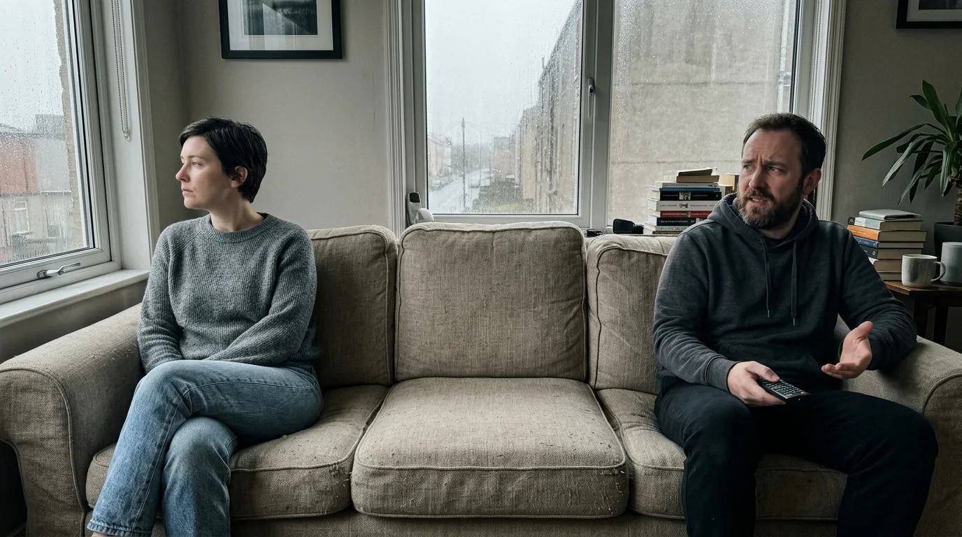 A photograph of a couple sitting far apart on a grey sofa, one looking away out the window, showcasing emotional distance.