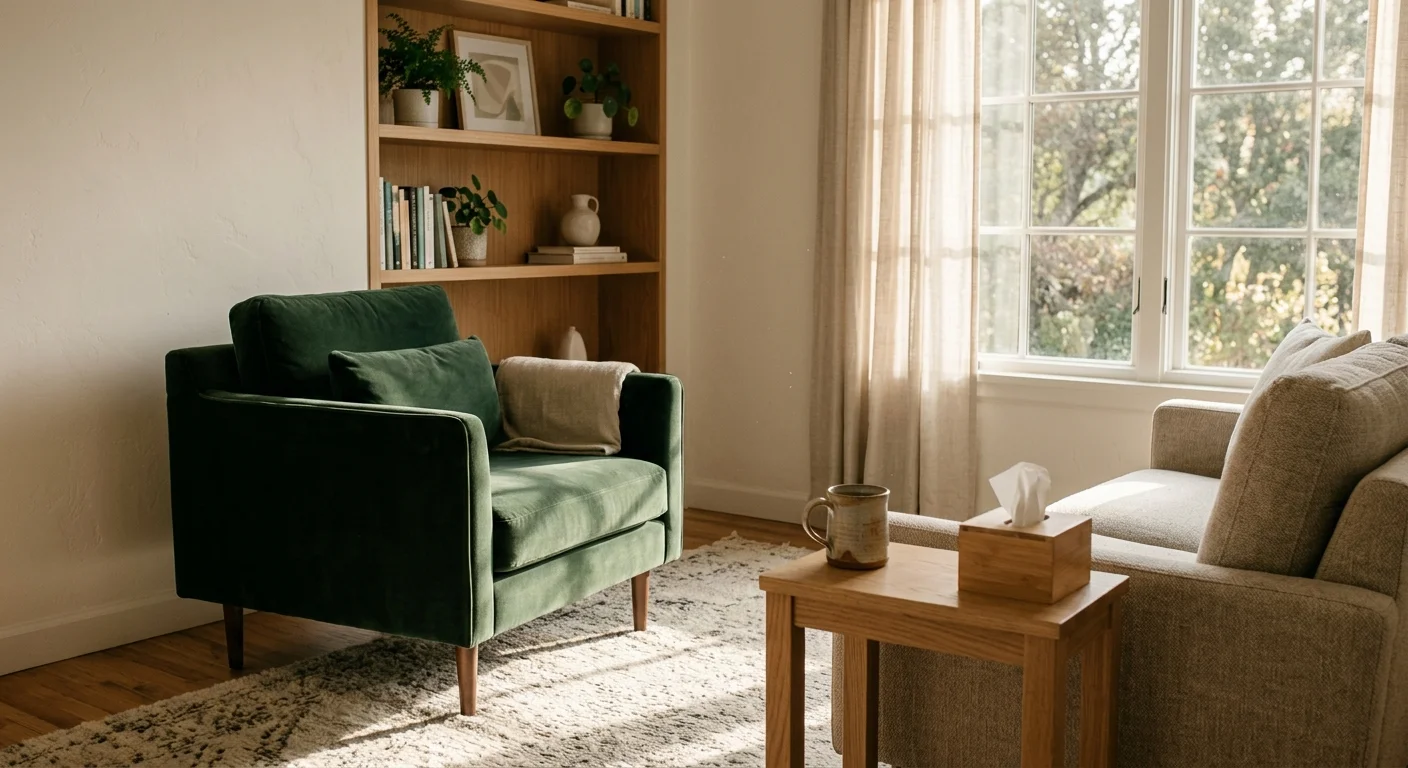 A photograph of a cozy, sunlit corner of a therapist's office with a green velvet armchair and a wooden side table.