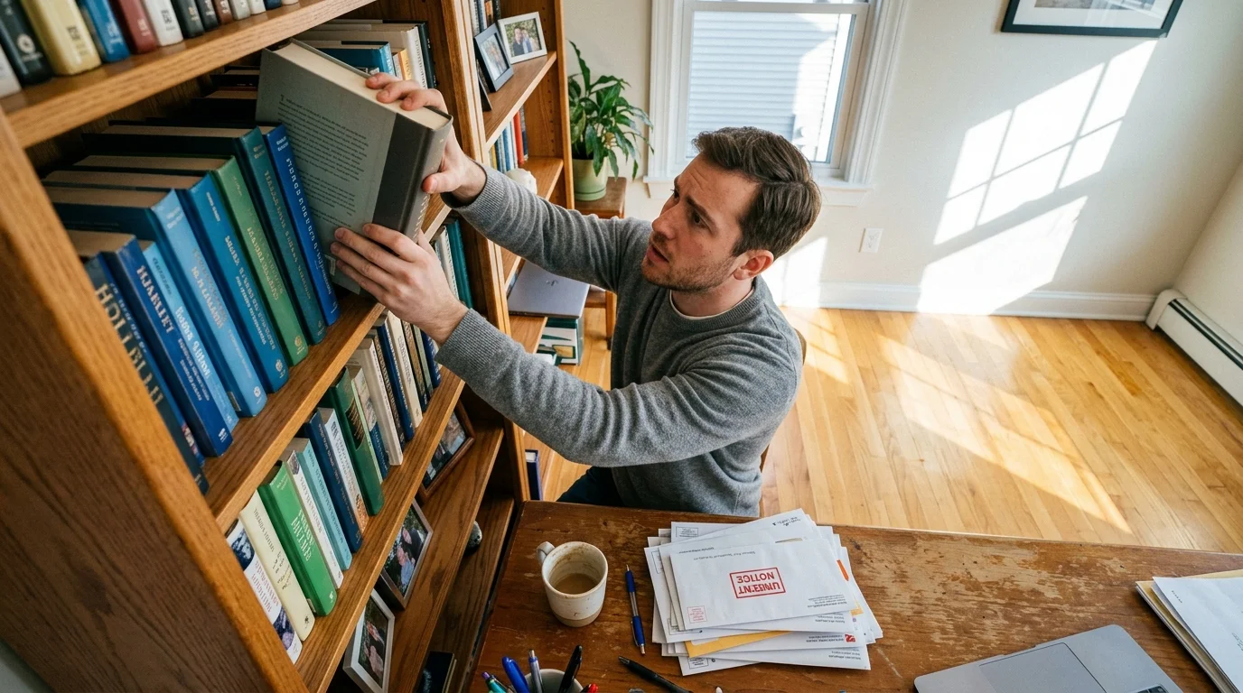 A photograph of a man frantically organizing books on a shelf while ignoring a stack of urgent mail on his desk.