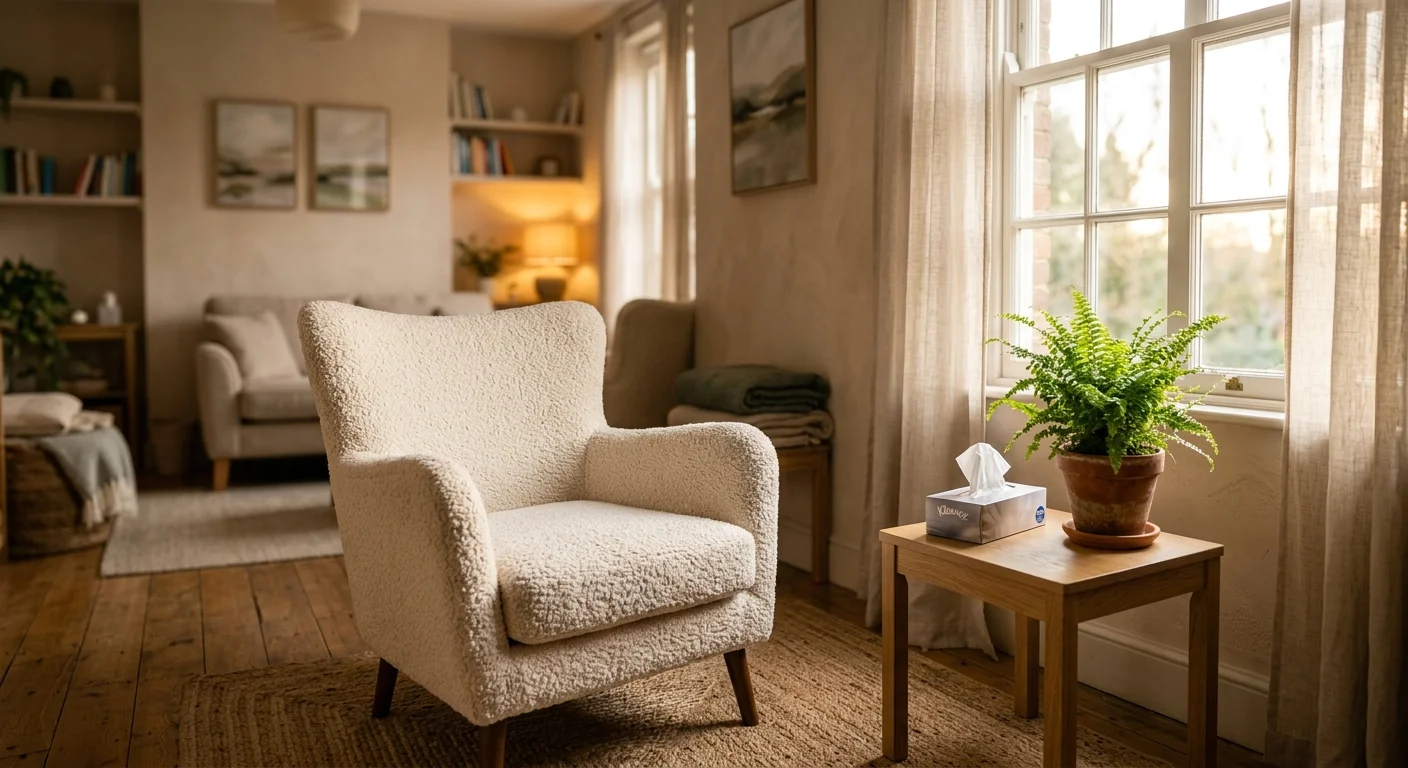 A photograph of a peaceful and warm therapy office with an inviting empty armchair next to a window.
