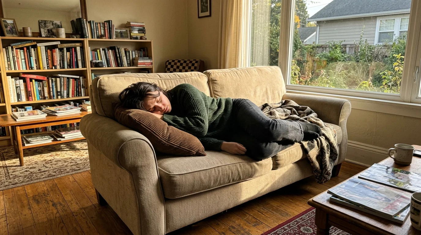 A photograph of a person asleep on a living room sofa in the warm light of late afternoon.
