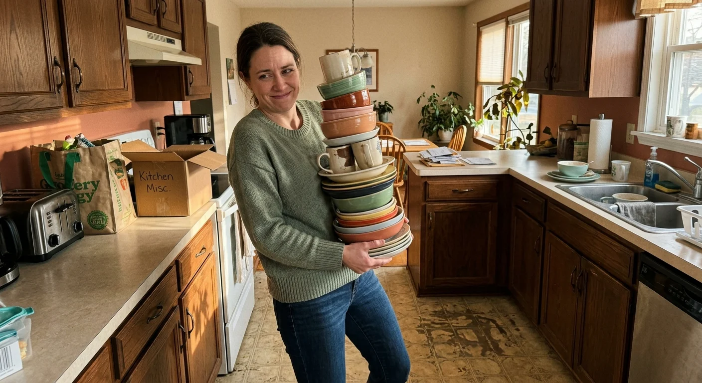 A photograph of a woman carrying a precarious, towering stack of dishes in her kitchen with a strained smile.