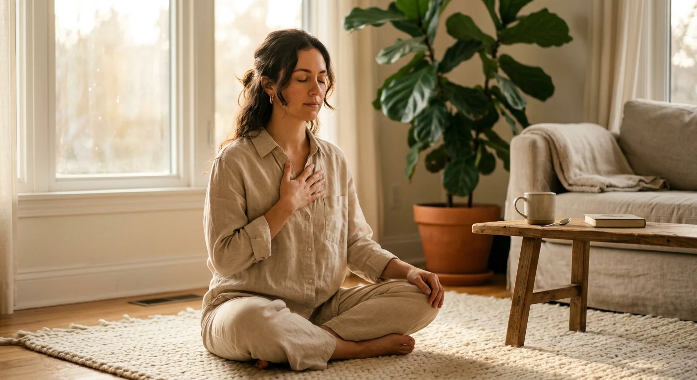 A photograph of a woman sitting on a rug in a sunlit living room, eyes closed, practicing calm breathing to regulate her nervous system.