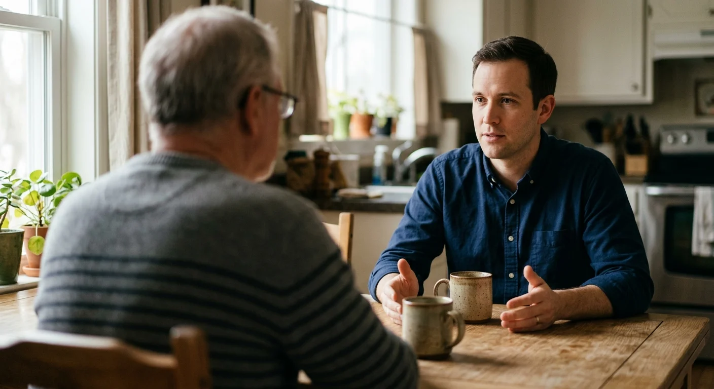 A photograph of an adult son talking calmly and directly to his parent across a warm kitchen table.