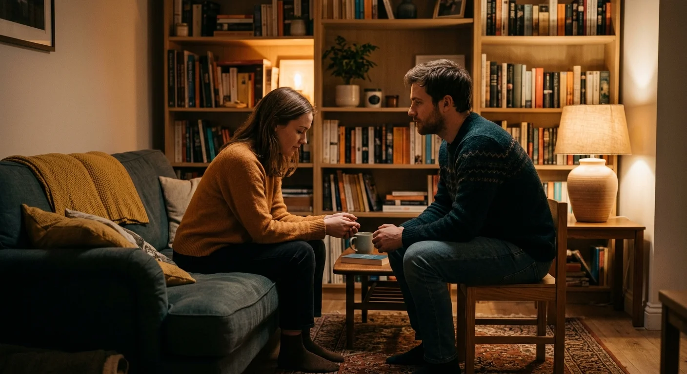 A quiet, comforting conversation between two people in a cozy, lamp-lit living room, showing emotional support.