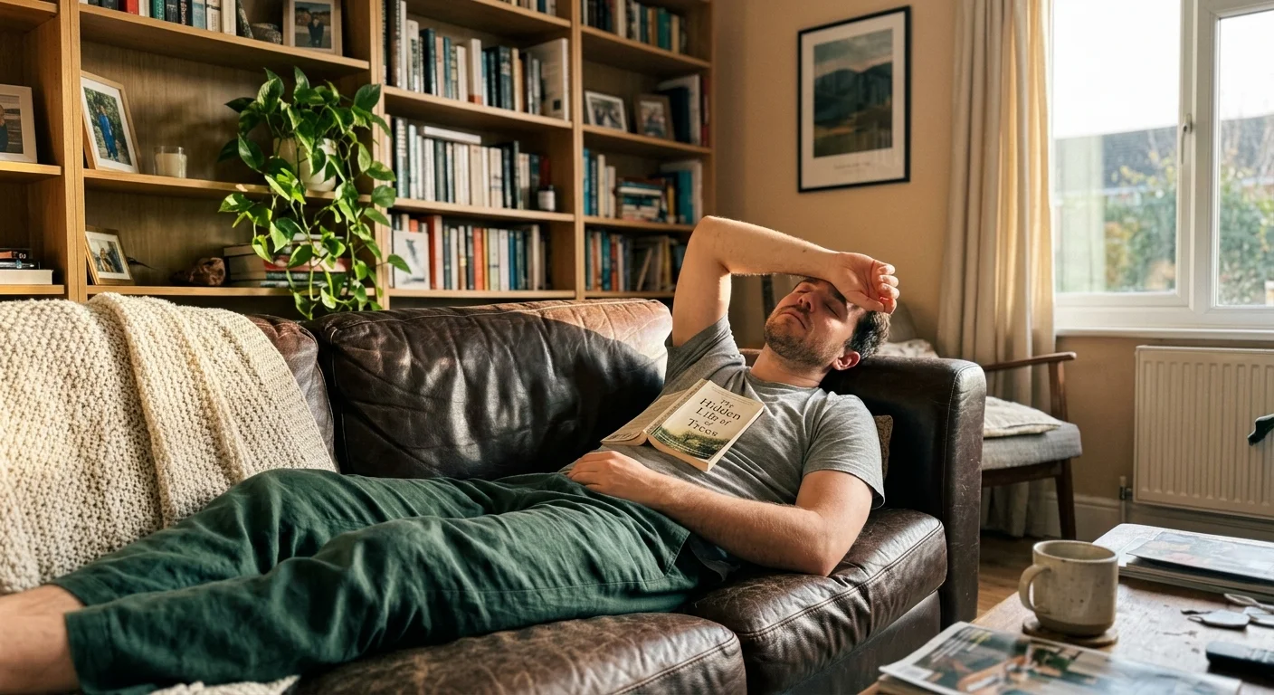A relaxed man lying on a leather sofa with a book on his chest, bathed in warm afternoon sunlight.