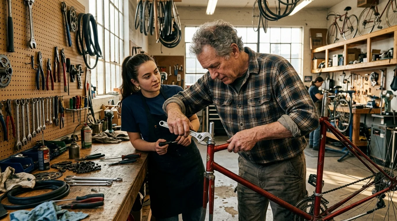 A retired man teaching a younger apprentice how to repair a vintage bicycle in a cozy, sunlit community workshop.