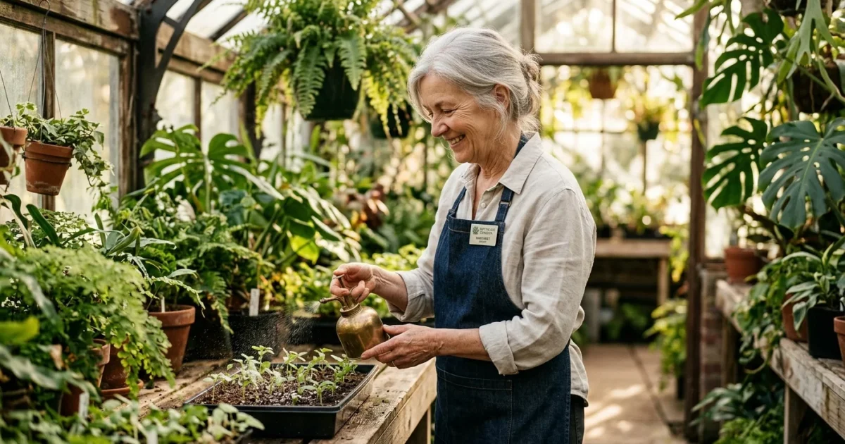 A retired woman happily misting seedlings in a sunlit greenhouse, representing meaningful part-time work in retirement.
