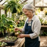 A retired woman happily misting seedlings in a sunlit greenhouse, representing meaningful part-time work in retirement.