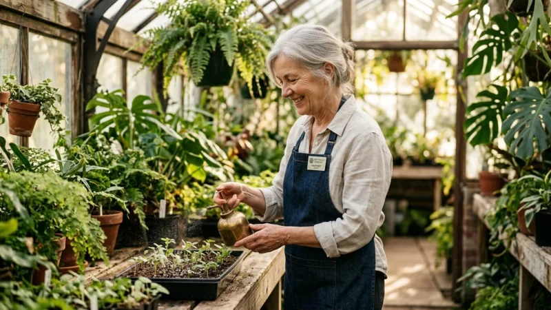 A retired woman happily misting seedlings in a sunlit greenhouse, representing meaningful part-time work in retirement.