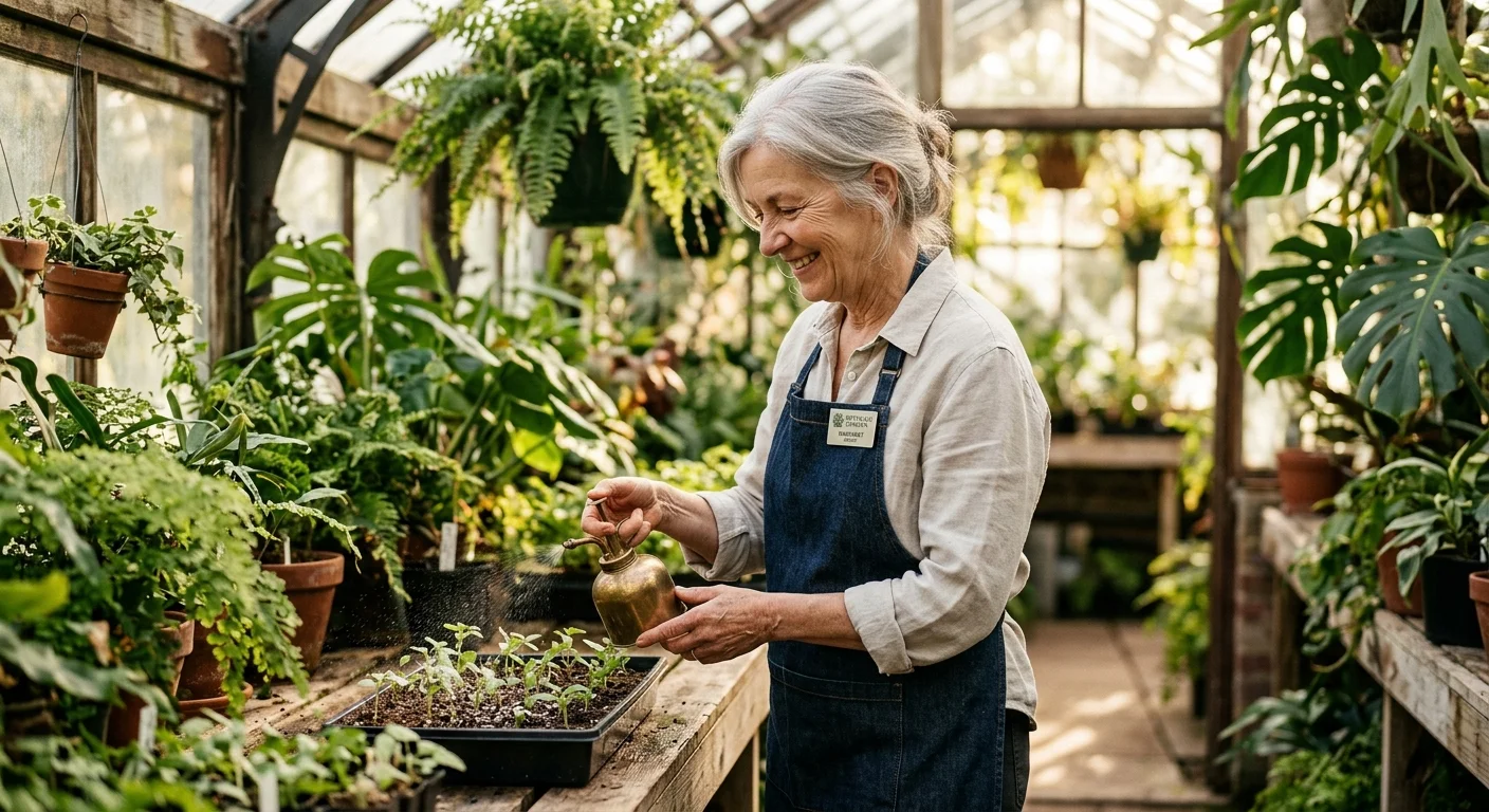 A retired woman happily misting seedlings in a sunlit greenhouse, representing meaningful part-time work in retirement.