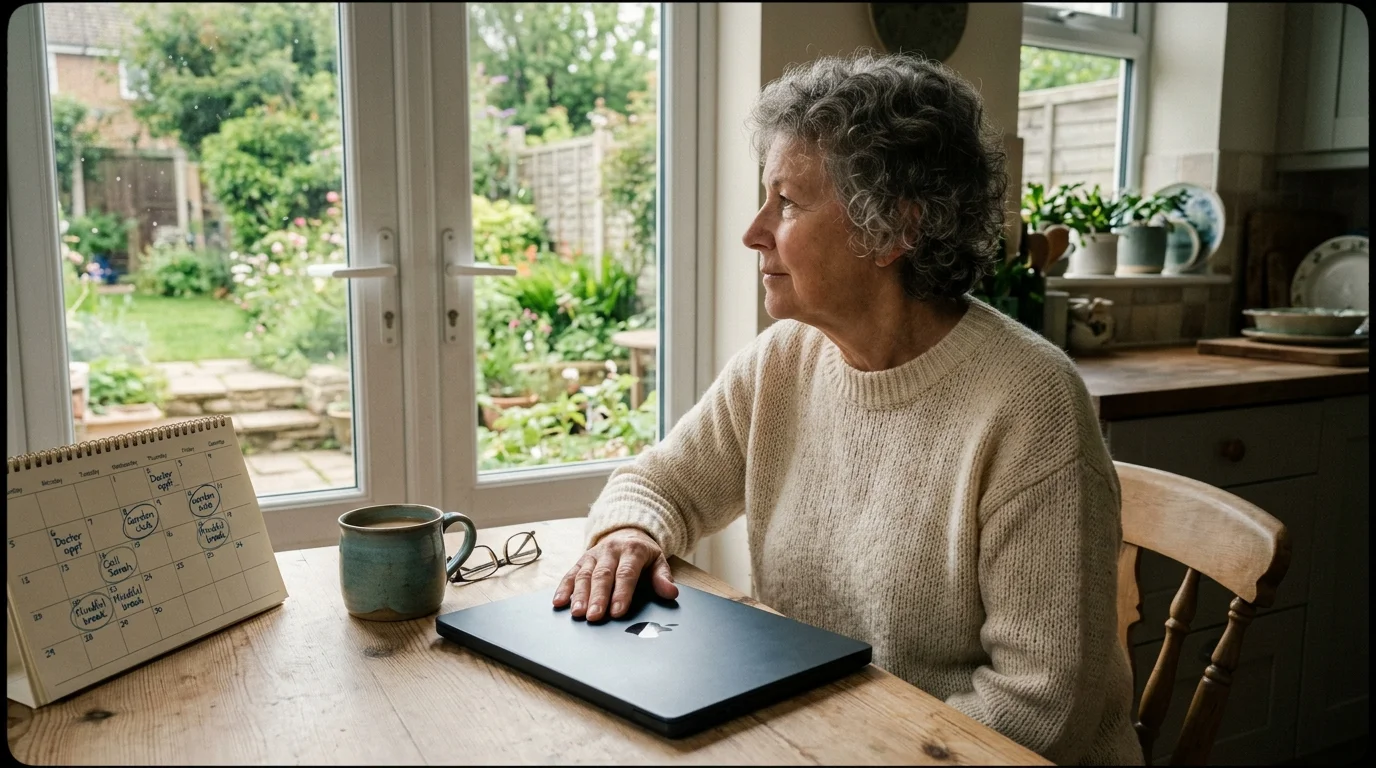 A retired woman sitting at her kitchen table looking out the window next to her closed laptop, taking a peaceful break.
