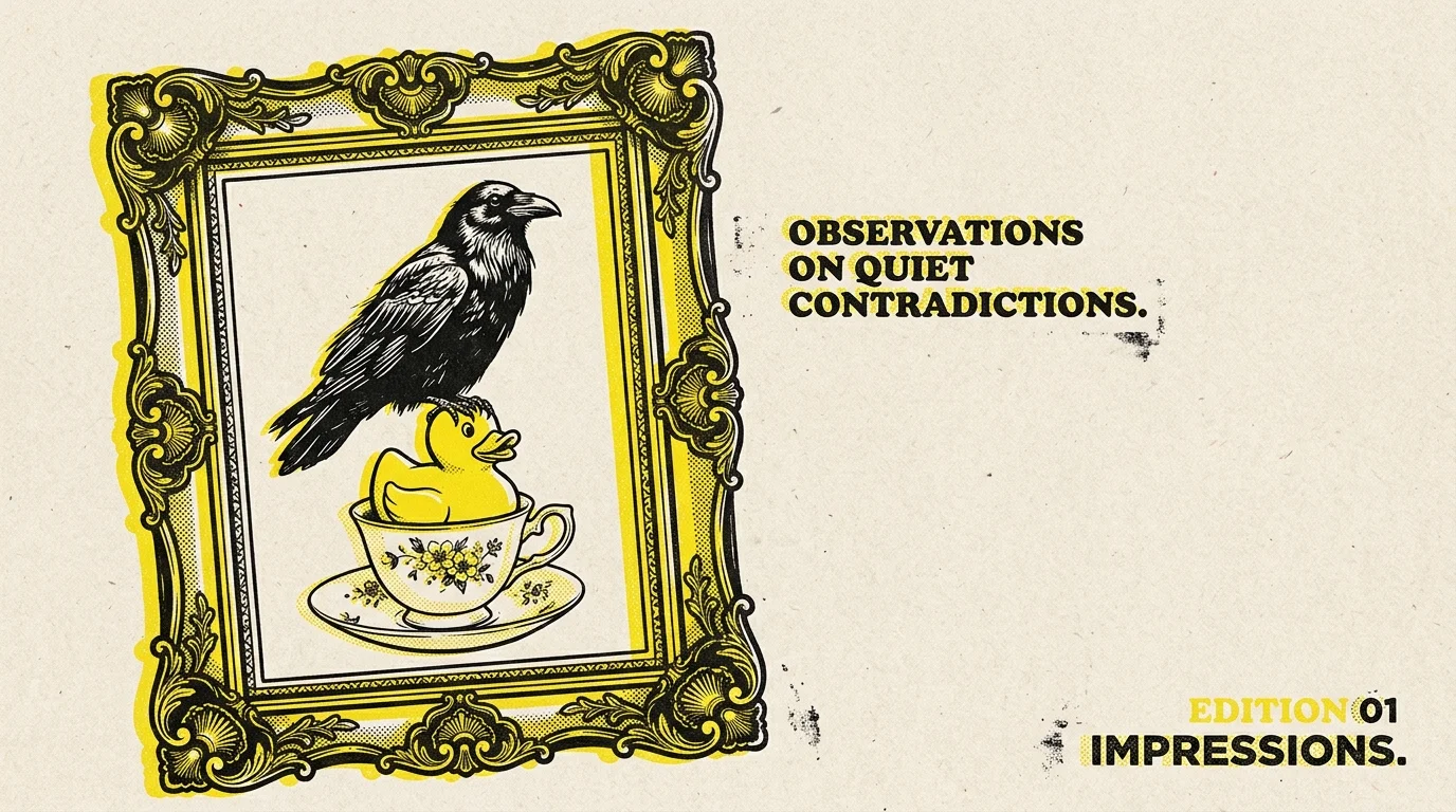 Framed illustration of a black raven perched atop a yellow rubber duck resting in a decorated teacup.