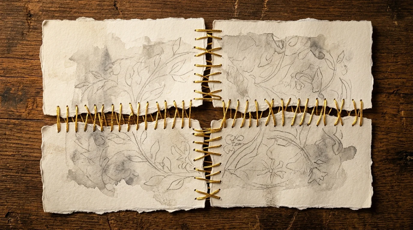 A sheet of torn heavy cream paper meticulously stitched back together with thick, shining gold thread on a dark wood background.