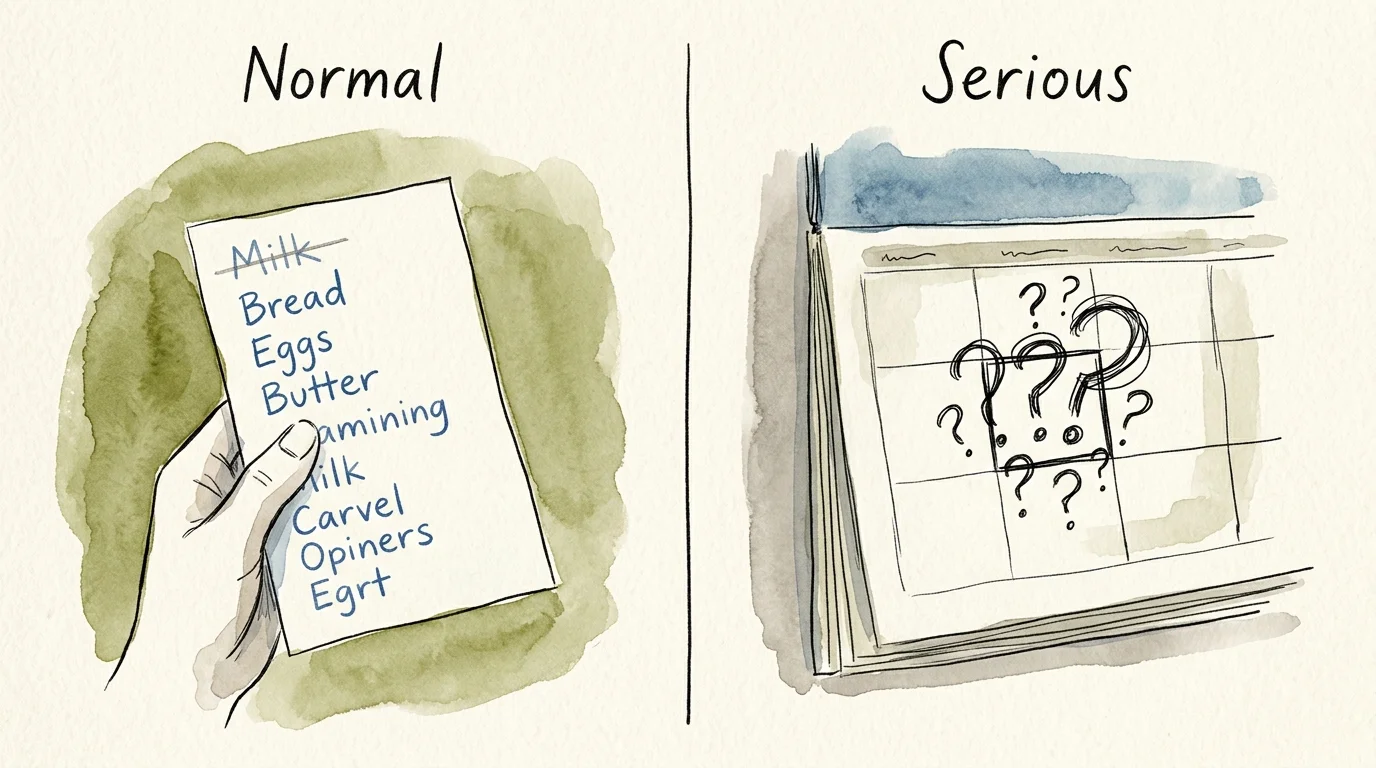 A side-by-side ink and watercolor comparison showing a shopping list with a crossed-off item on the left, and a calendar with question marks
