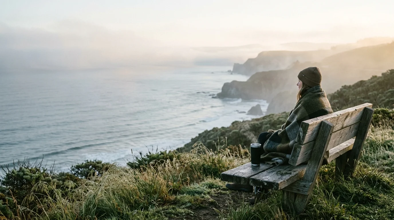 Person wrapped in a blanket sitting on a wooden bench overlooking a misty ocean coastline.