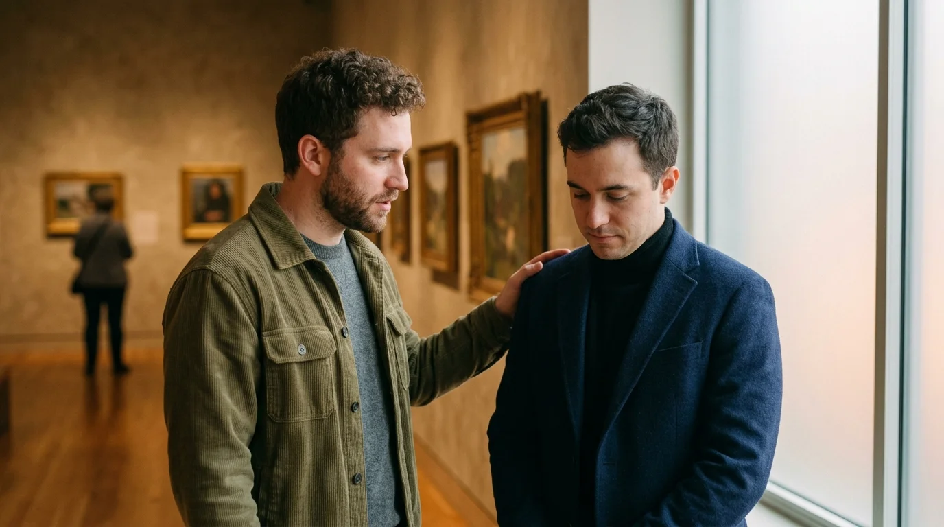 A supportive friend speaking quietly to another in a private corner of a gallery, offering honest feedback with care and dignity.