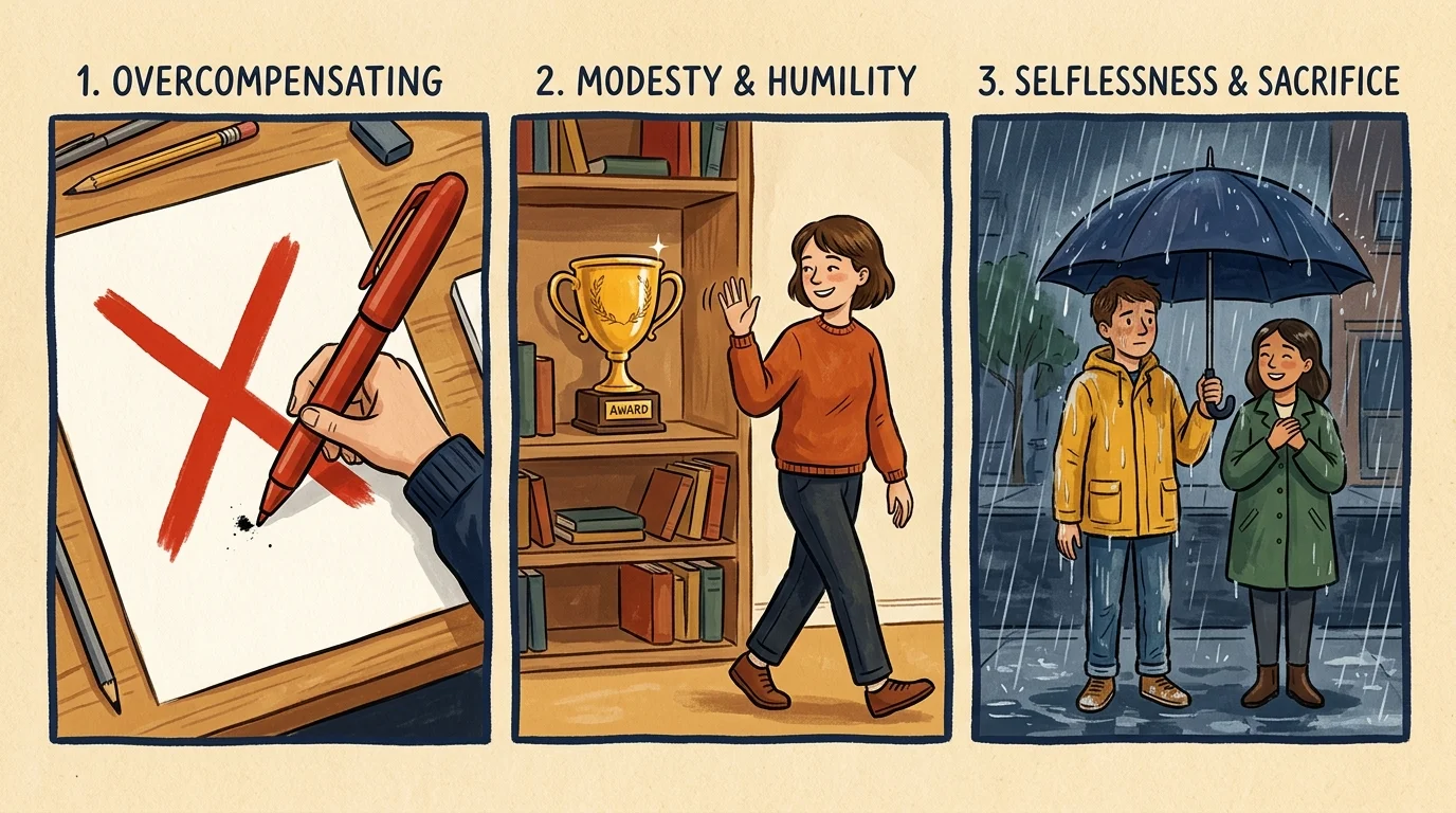 A three-panel illustration showing a red pen marking a tiny error, a rejected trophy, and someone holding an umbrella for a friend.