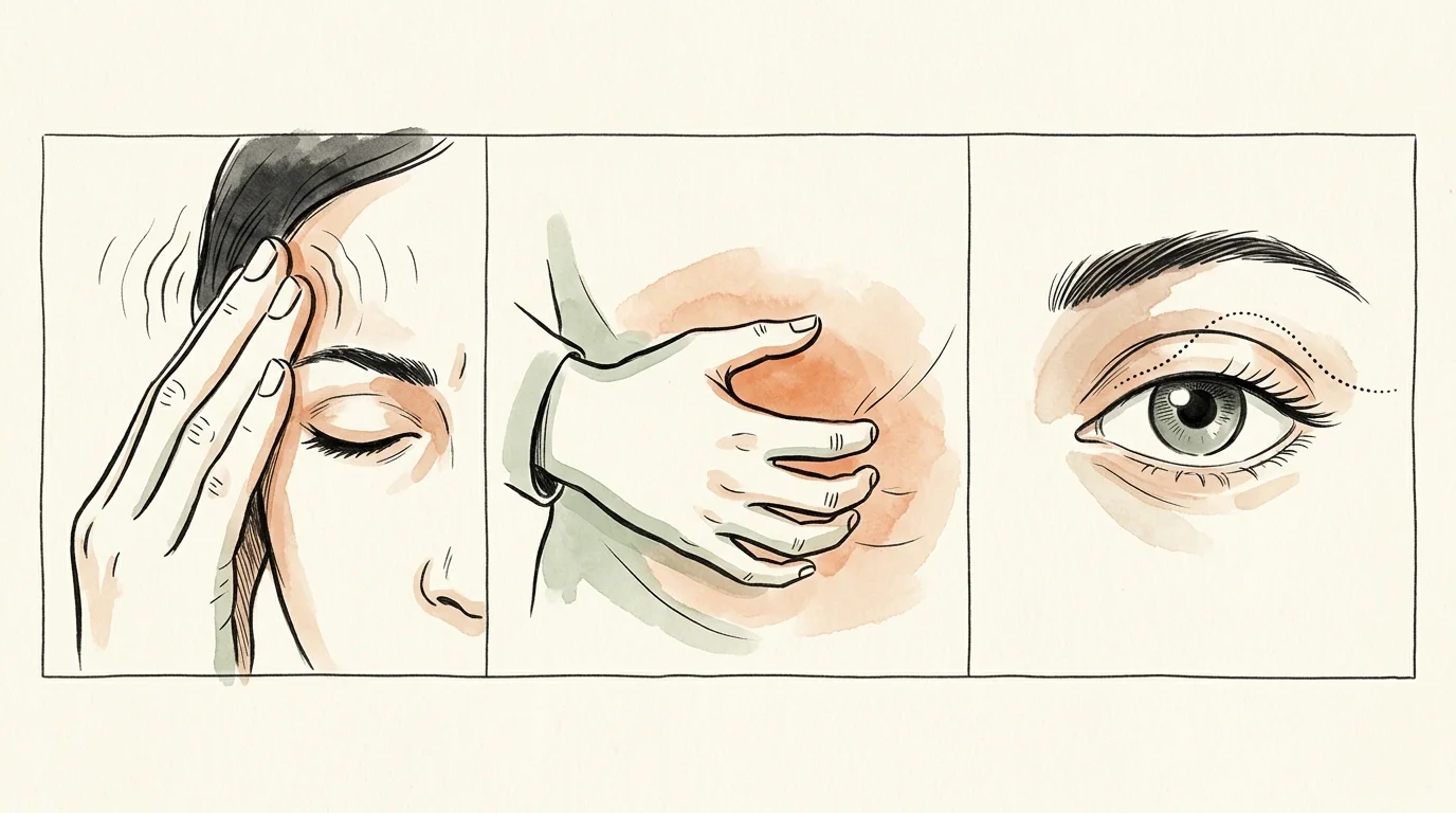A three-panel watercolor illustration showing common physical stress signs: temple massage, a hand clutching a stomach, and an eye twitch.