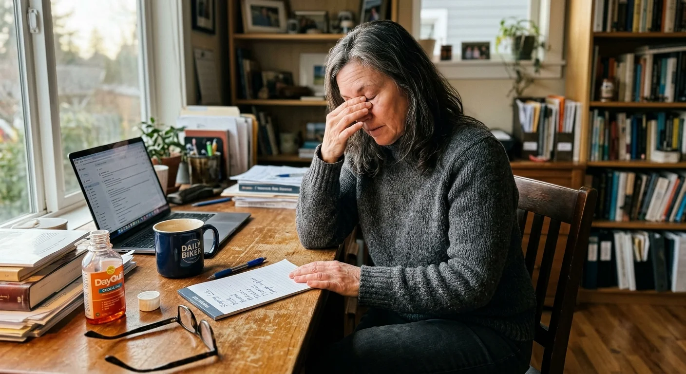 A tired person at a wooden desk rubbing their eyes, with a shopping list, a mug, and cold medicine nearby in warm, natural light.
