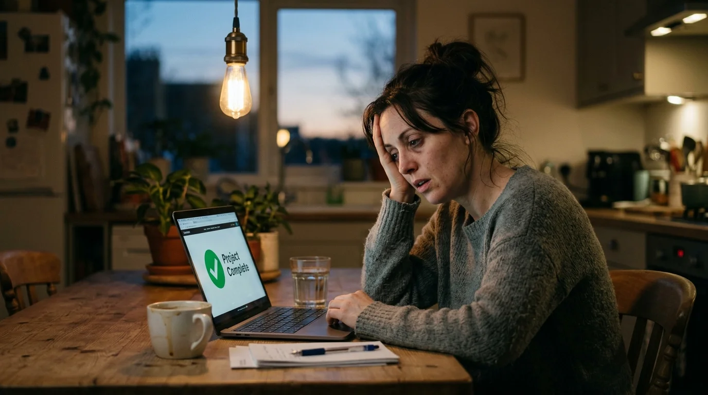 A tired woman sits at a wooden table looking at a laptop showing a completed project notice.