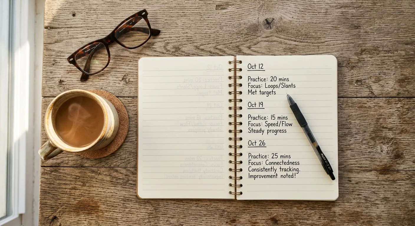 A top-down view of an open notebook with dated handwriting logs, a pen, a coffee mug, and reading glasses on a wooden table.