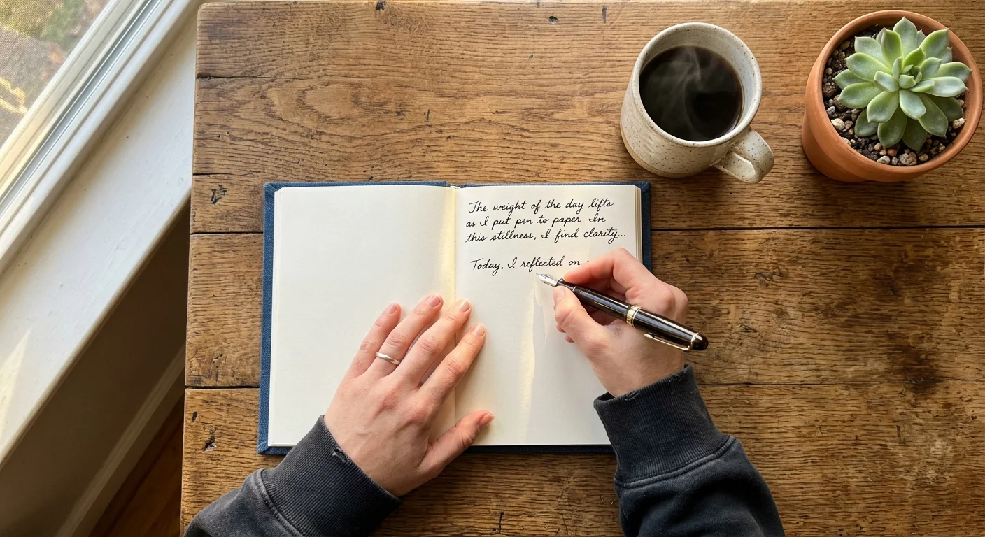 A top-down view of someone writing in a journal next to a steaming mug on a wooden desk, representing self-reflection.