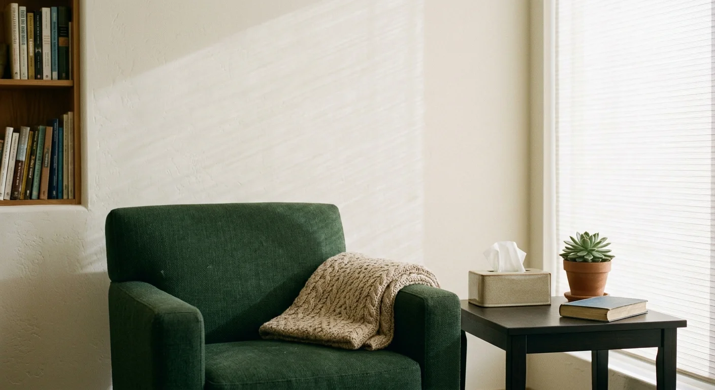 A warm, film-grain photograph of an empty, inviting green armchair in a quiet, sunlit corner of a therapy office.