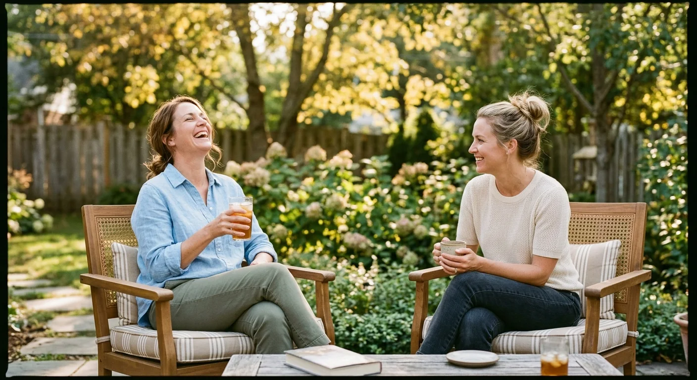 A warm film photograph of two adult sisters laughing together in a sunny backyard, enjoying a close but healthy connection.
