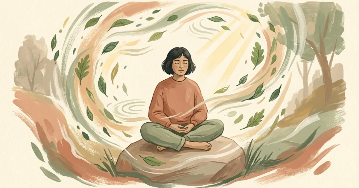 A warm gouache illustration of a person sitting peacefully amidst a swirling aura of soft light, leaves, and gentle waves.