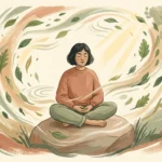 A warm gouache illustration of a person sitting peacefully amidst a swirling aura of soft light, leaves, and gentle waves.