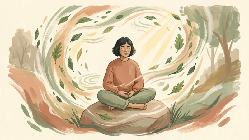 A warm gouache illustration of a person sitting peacefully amidst a swirling aura of soft light, leaves, and gentle waves.
