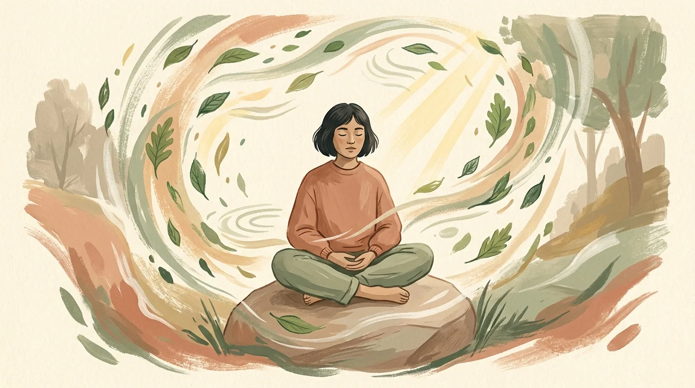 A warm gouache illustration of a person sitting peacefully amidst a swirling aura of soft light, leaves, and gentle waves.