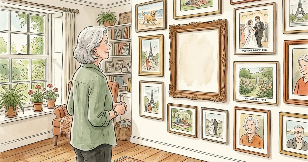 A warm ink and watercolor illustration of an older woman looking at a gallery wall of framed memories, with one frame left naturally empty.