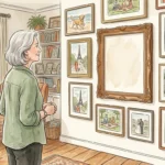 A warm ink and watercolor illustration of an older woman looking at a gallery wall of framed memories, with one frame left naturally empty.