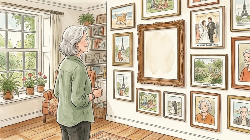 A warm ink and watercolor illustration of an older woman looking at a gallery wall of framed memories, with one frame left naturally empty.